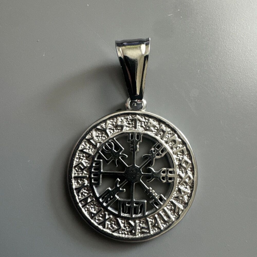 Viking Vegvisir Elder Futhark Rune Spinner Stainless Steel Pendant 24” Necklace